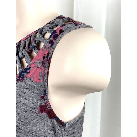 Maurices Floral Lattice Neckline Knotted Front Tank Small Gray Rayon Blend - Picture 6 of 7
